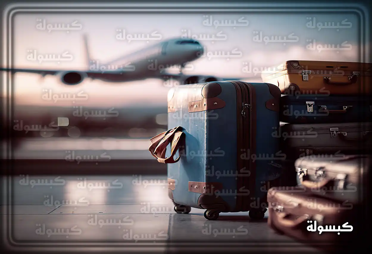 امرأة حامل تضع يدها على حقيبة سفر