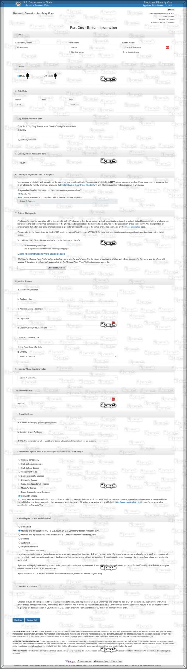 نموذج تعبئة البيانات الشخصية في استمارة الهجرة