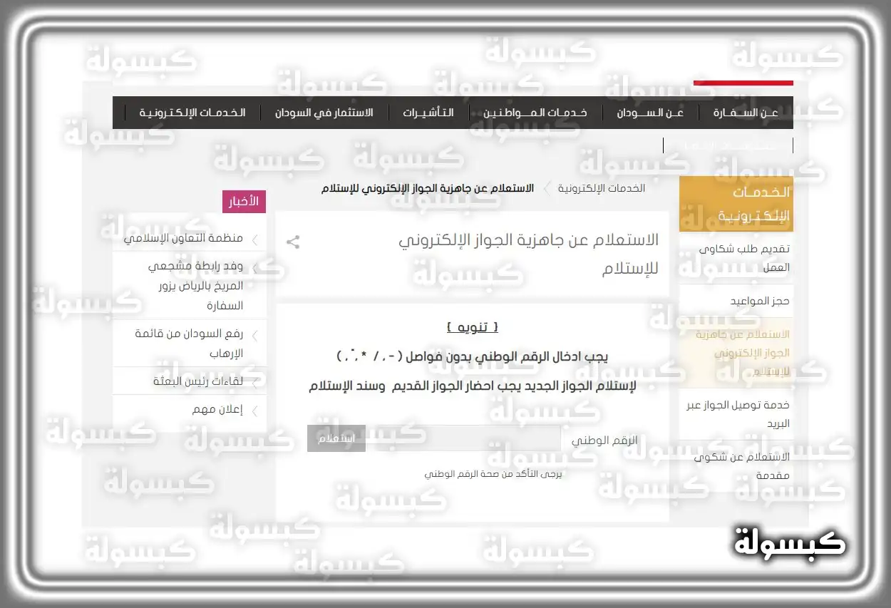 واجهة موقع السفارة السودانية للاستعلام عن الجواز