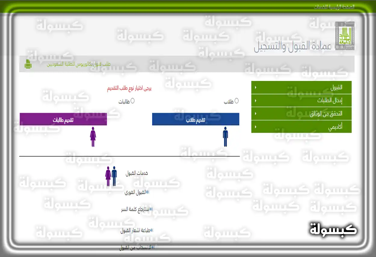 واجهة بوابة التسجيل الإلكترونية لجامعة الملك خالد