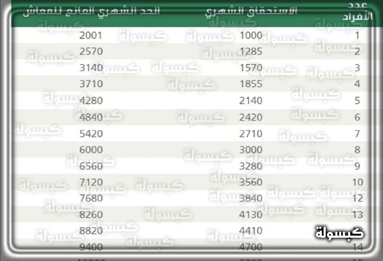 جدول يوضح قيمة معاش الضمان الاجتماعي المطور حسب عدد أفراد الأسرة