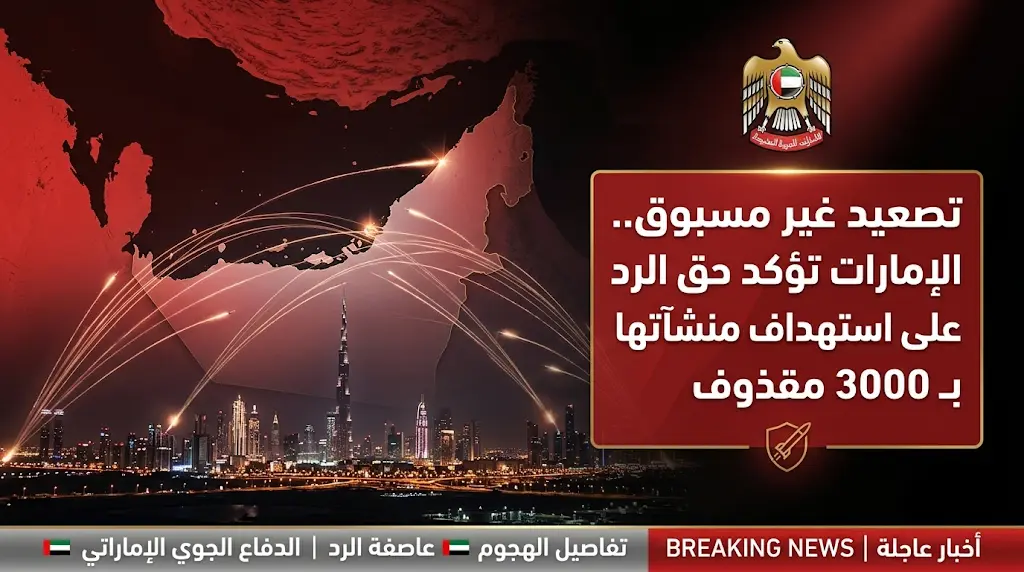 الإمارات تعلن تعرض منشآت حيوية ومدنية لاعتداءات إيرانية بنحو 3000 مقذوف وتؤكد حقها في الرد المشروع