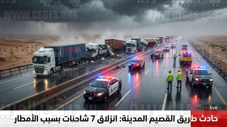 حادث طريق القصيم المدينة اليوم.. انزلاق 7 شاحنات بسبب الأمطار الغزيرة وتعطل جزئي لحركة السير